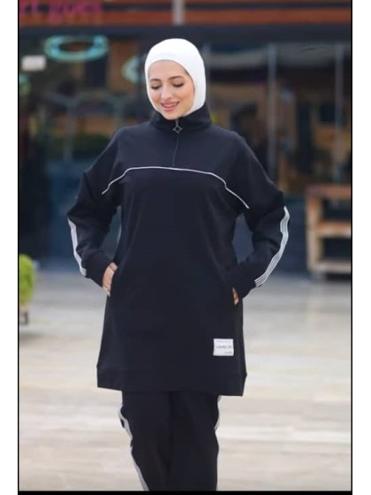 طقم سبورت أسود طويل بسحاب علوي طقم سبورت أسود طويل بسحاب علوي