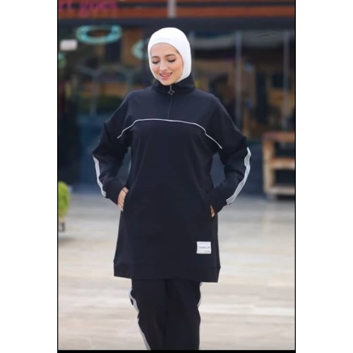 طقم سبورت أسود طويل بسحاب علوي