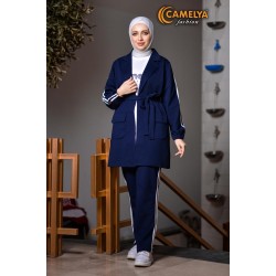 طقم جاكيت كحلي بحزام وخطوط جانبية