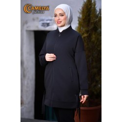 جاكيت أسود طويل بسحاب ورباط جانبي