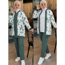 طقم جاكيت مزهر زيتي مع بنطال