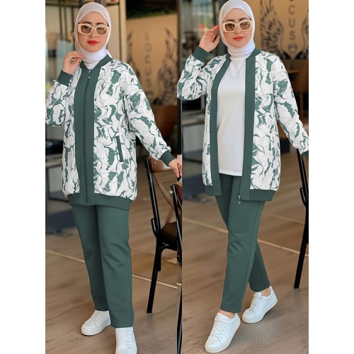 طقم جاكيت مزهر زيتي مع بنطال